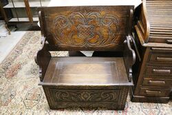 Small Antique English Carved Oak Monks Bench 