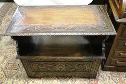 Small Antique English Carved Oak Monks Bench 